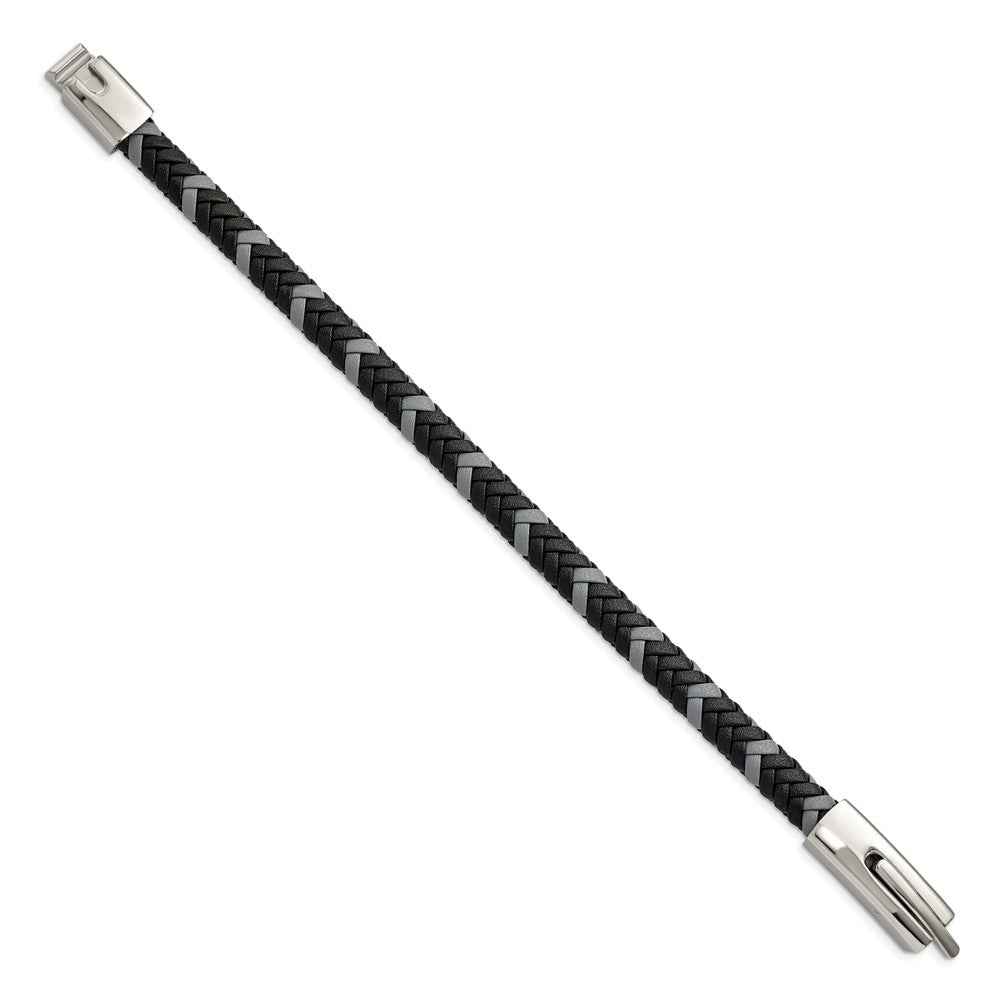 Alternate view of the 7mm Stainless Steel, Black &amp; Gray Braided Leather Bracelet, 8 Inch by The Black Bow Jewelry Co.
