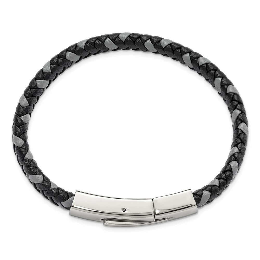 Alternate view of the 7mm Stainless Steel, Black &amp; Gray Braided Leather Bracelet, 8 Inch by The Black Bow Jewelry Co.