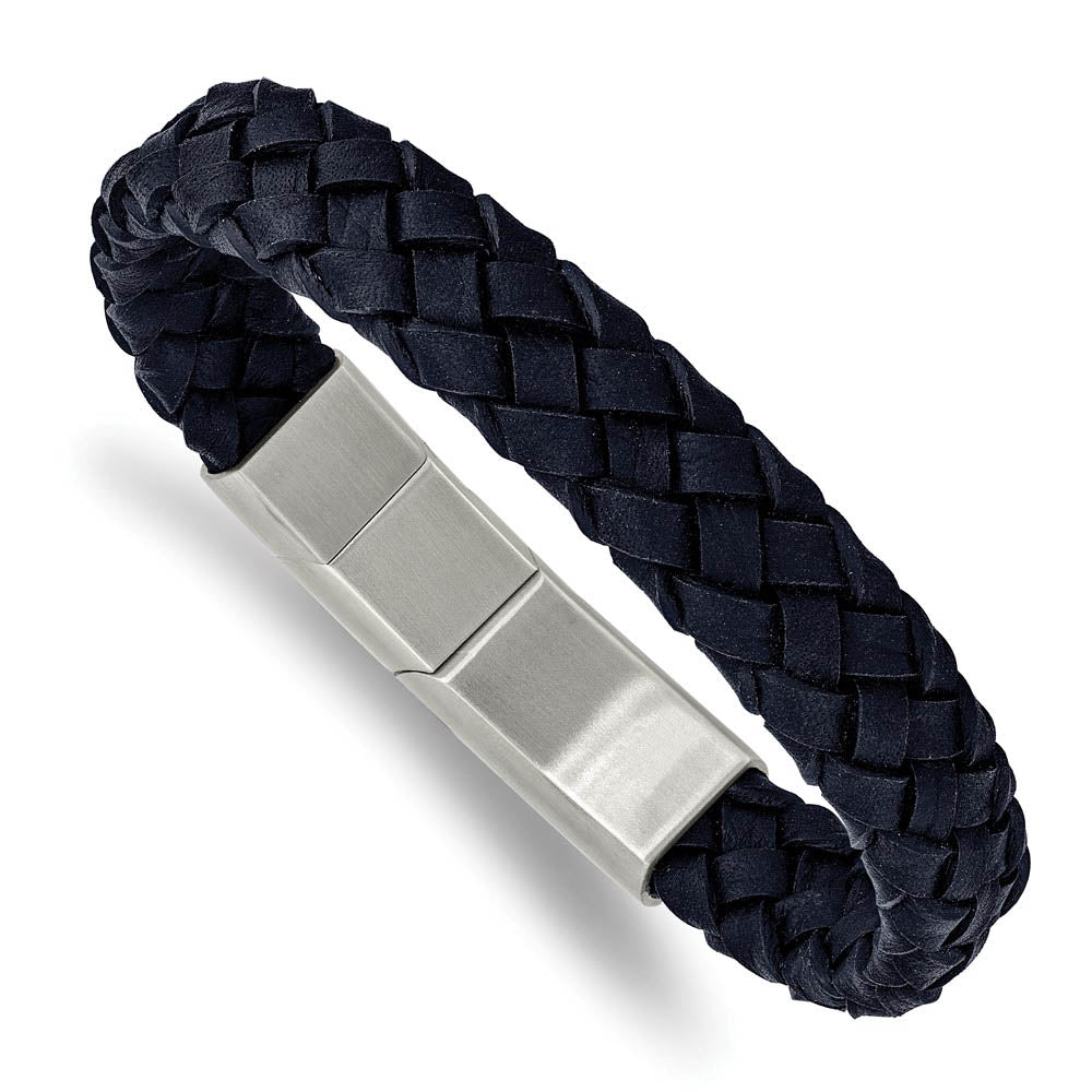 12mm Stainless Steel Navy Blue Braided Leather Adj Bracelet, 8.25 Inch, Item B18928 by The Black Bow Jewelry Co.