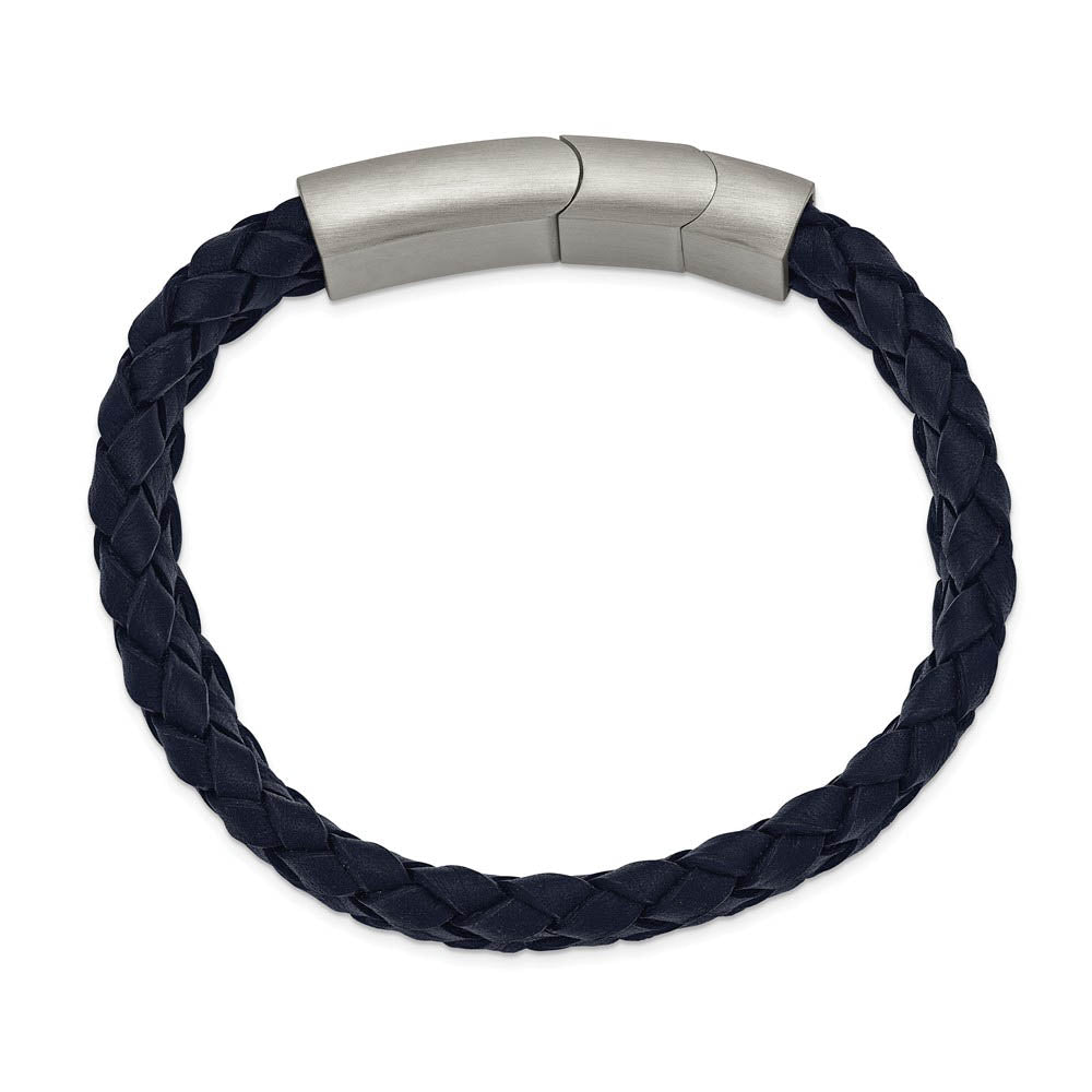 Alternate view of the 12mm Stainless Steel Navy Blue Braided Leather Adj Bracelet, 8.25 Inch by The Black Bow Jewelry Co.