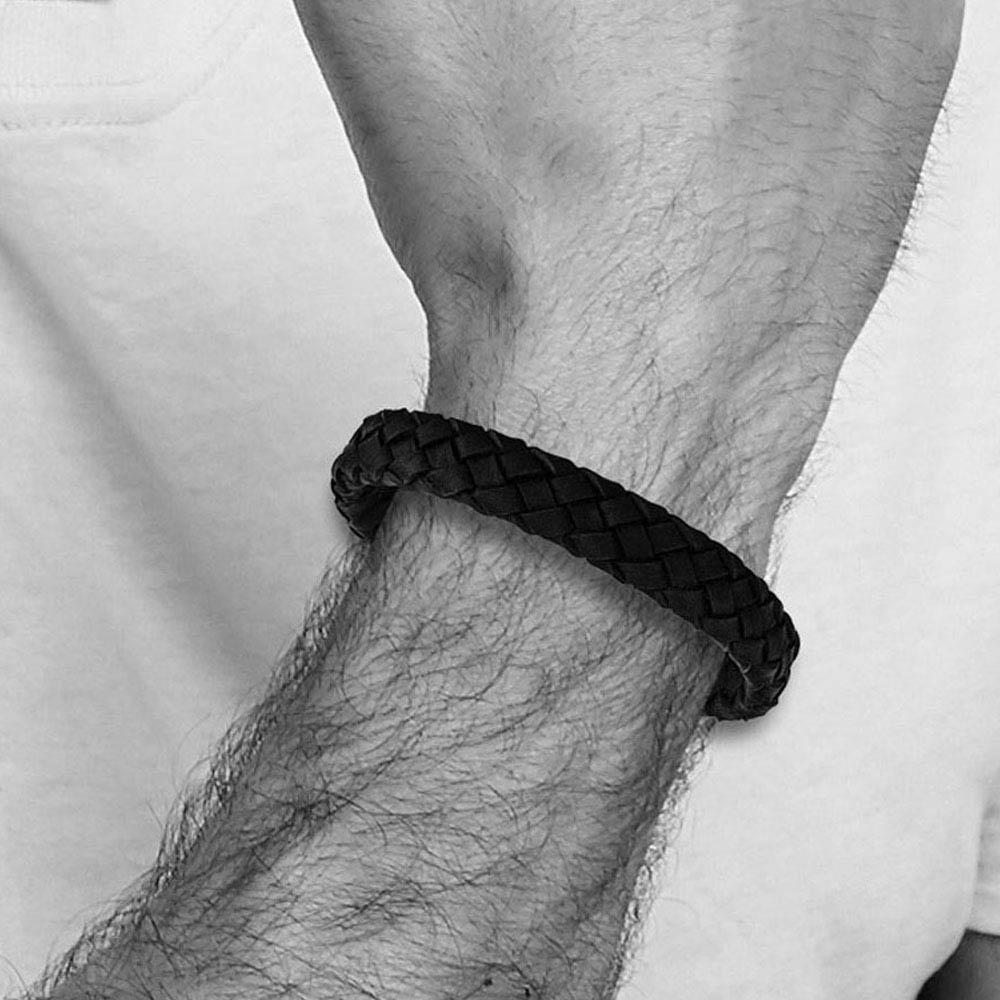 Alternate view of the 12mm Stainless Steel Navy Blue Braided Leather Adj Bracelet, 8.25 Inch by The Black Bow Jewelry Co.