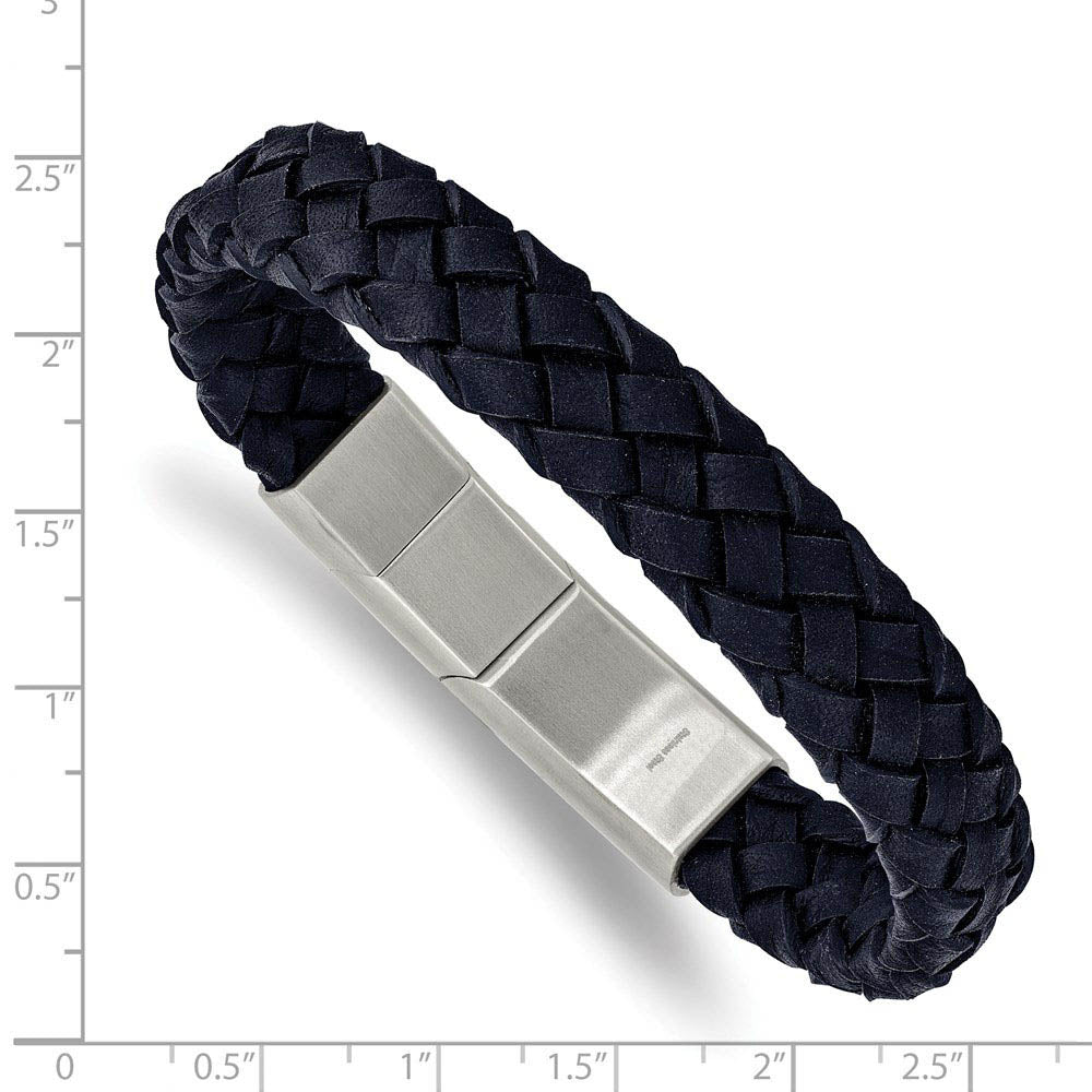 Alternate view of the 12mm Stainless Steel Navy Blue Braided Leather Adj Bracelet, 8.25 Inch by The Black Bow Jewelry Co.