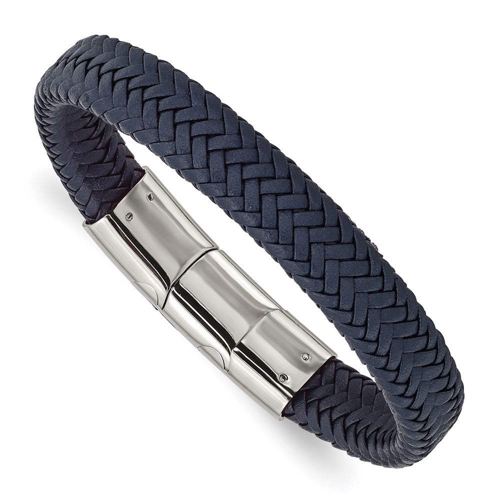 12mm Stainless Steel Navy Blue Braided Leather Adj Bracelet, 7.75 Inch, Item B18929 by The Black Bow Jewelry Co.