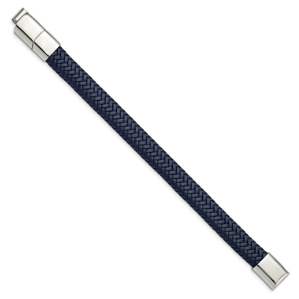 Alternate view of the 12mm Stainless Steel Navy Blue Braided Leather Adj Bracelet, 7.75 Inch by The Black Bow Jewelry Co.