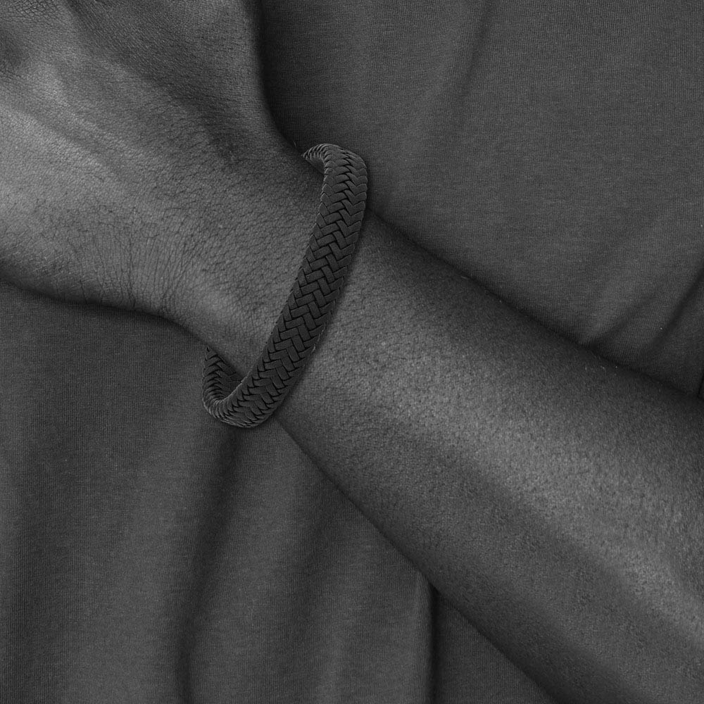 Alternate view of the 12mm Stainless Steel Navy Blue Braided Leather Adj Bracelet, 7.75 Inch by The Black Bow Jewelry Co.