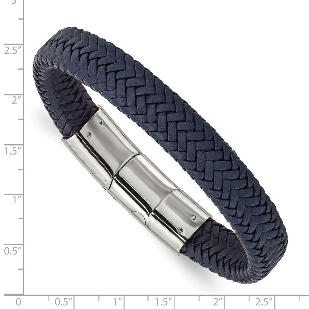 Alternate view of the 12mm Stainless Steel Navy Blue Braided Leather Adj Bracelet, 7.75 Inch by The Black Bow Jewelry Co.