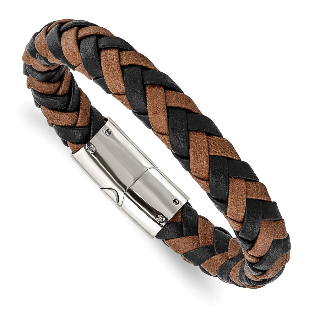 10.5mm Stainless Steel Black & Brown Leather Woven Bracelet, 8.5 Inch, Item B18931 by The Black Bow Jewelry Co.