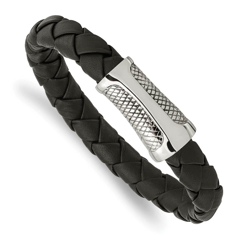 Black Leather Cord & Stainless Steel Magnetic Clasp Bracelet, 8.5 Inch, Item B18932 by The Black Bow Jewelry Co.