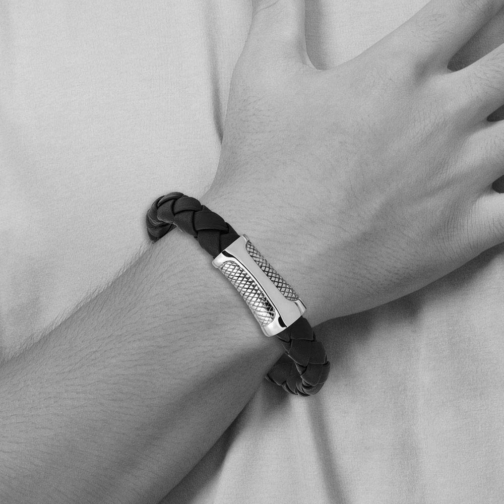 Alternate view of the Black Leather Cord & Stainless Steel Magnetic Clasp Bracelet, 8.5 Inch by The Black Bow Jewelry Co.