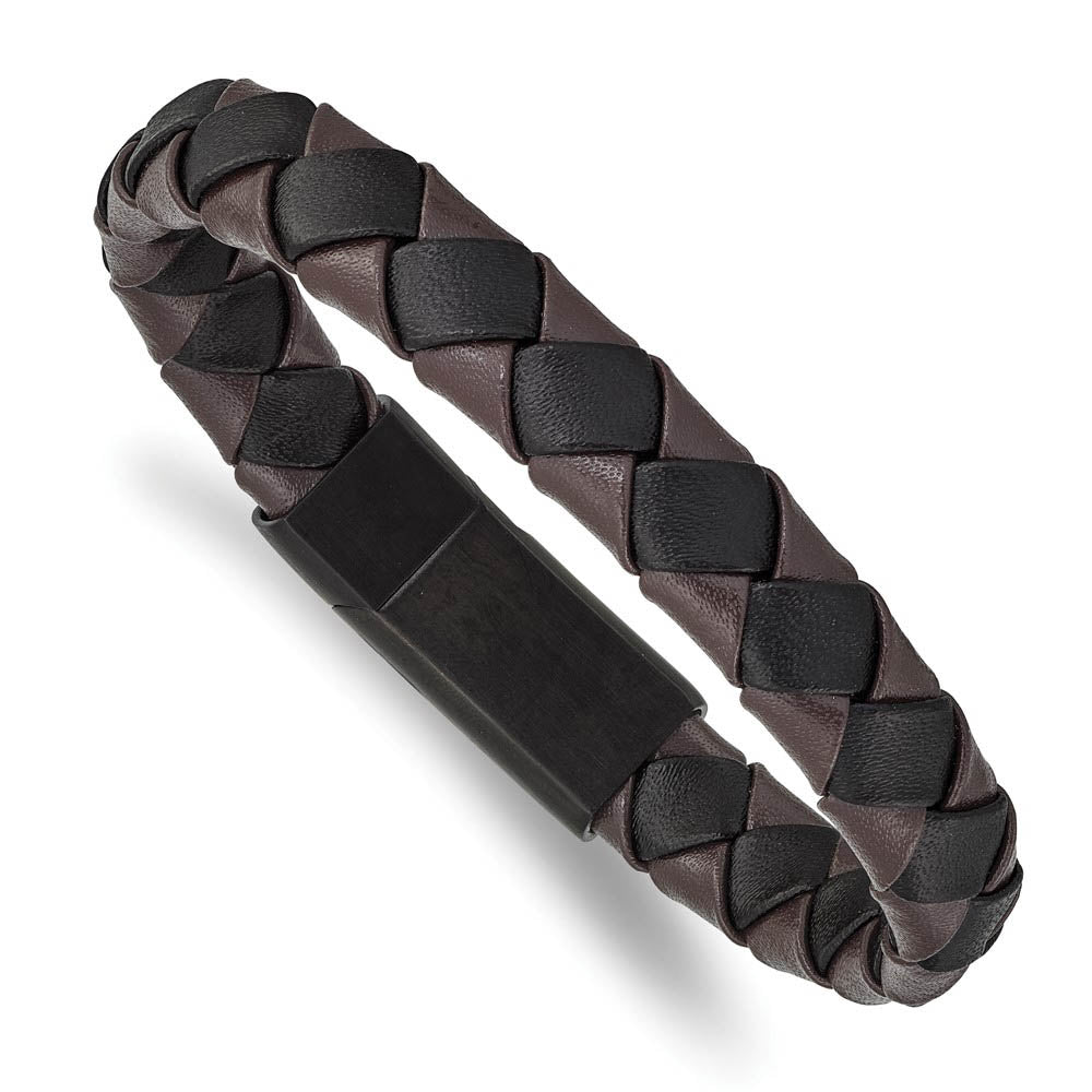 11mm Black Plated Stainless Steel Black/Brown Leather Bracelet 8.25 In, Item B18933 by The Black Bow Jewelry Co.