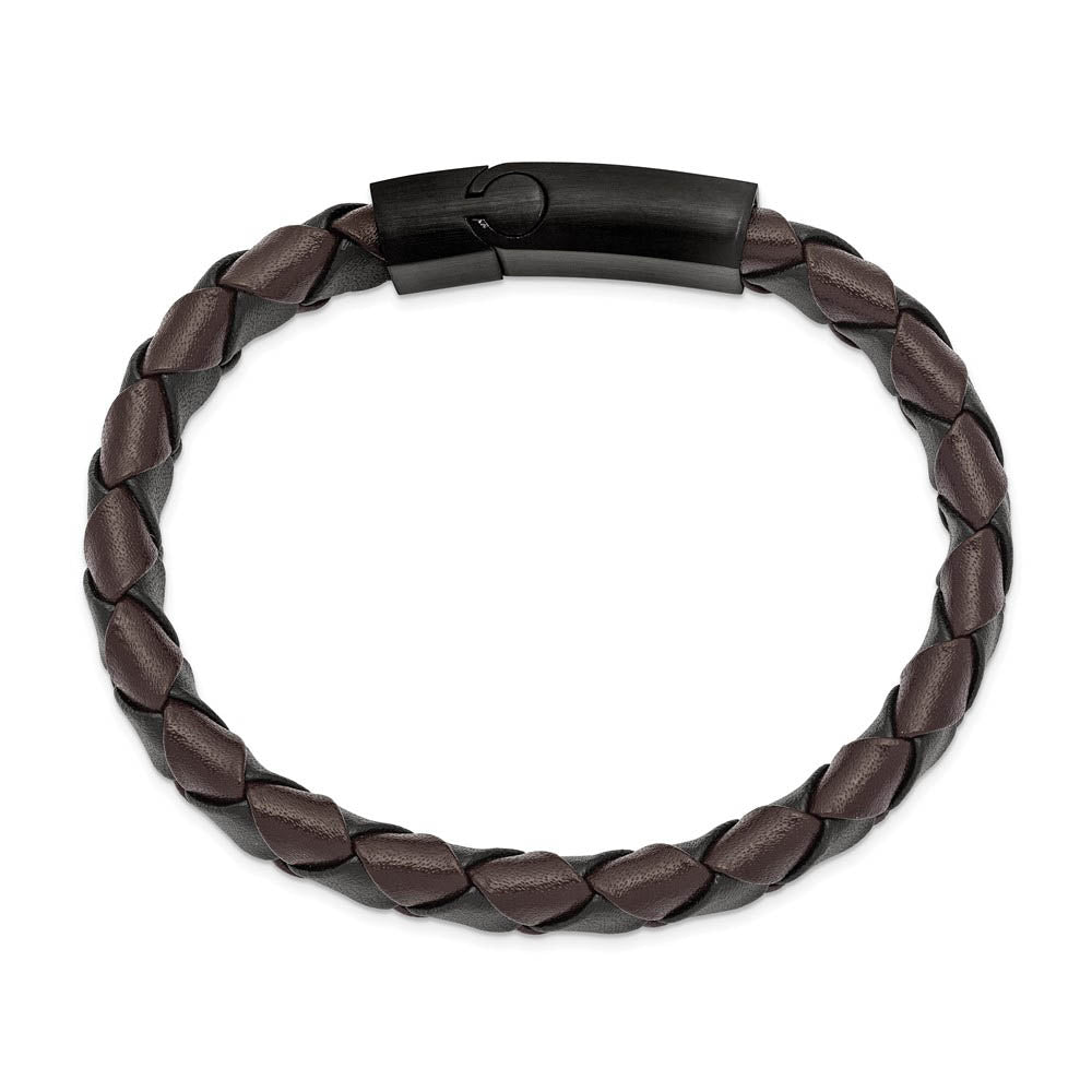 Alternate view of the 11mm Black Plated Stainless Steel Black/Brown Leather Bracelet 8.25 In by The Black Bow Jewelry Co.