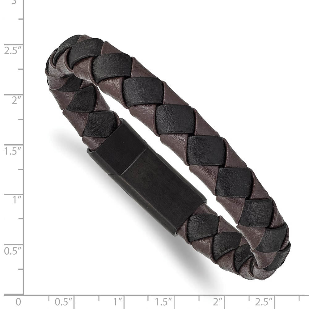 Alternate view of the 11mm Black Plated Stainless Steel Black/Brown Leather Bracelet 8.25 In by The Black Bow Jewelry Co.