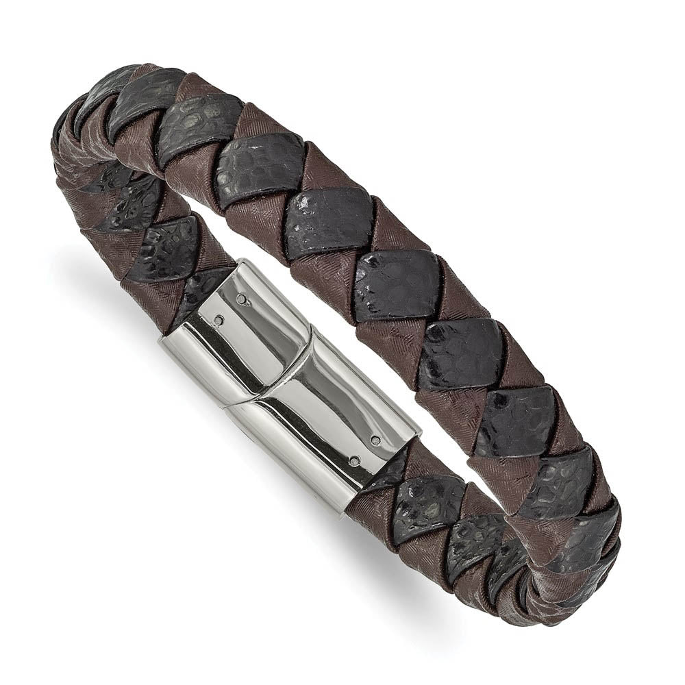 11.5mm Stainless Steel Textured Black & Brown Leather Bracelet, 8 Inch, Item B18934 by The Black Bow Jewelry Co.