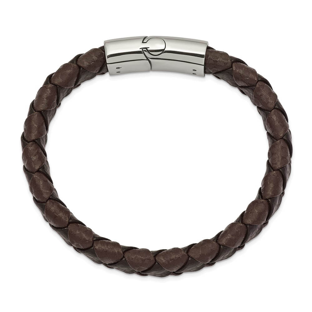 Alternate view of the 11.5mm Stainless Steel Textured Black & Brown Leather Bracelet, 8 Inch by The Black Bow Jewelry Co.