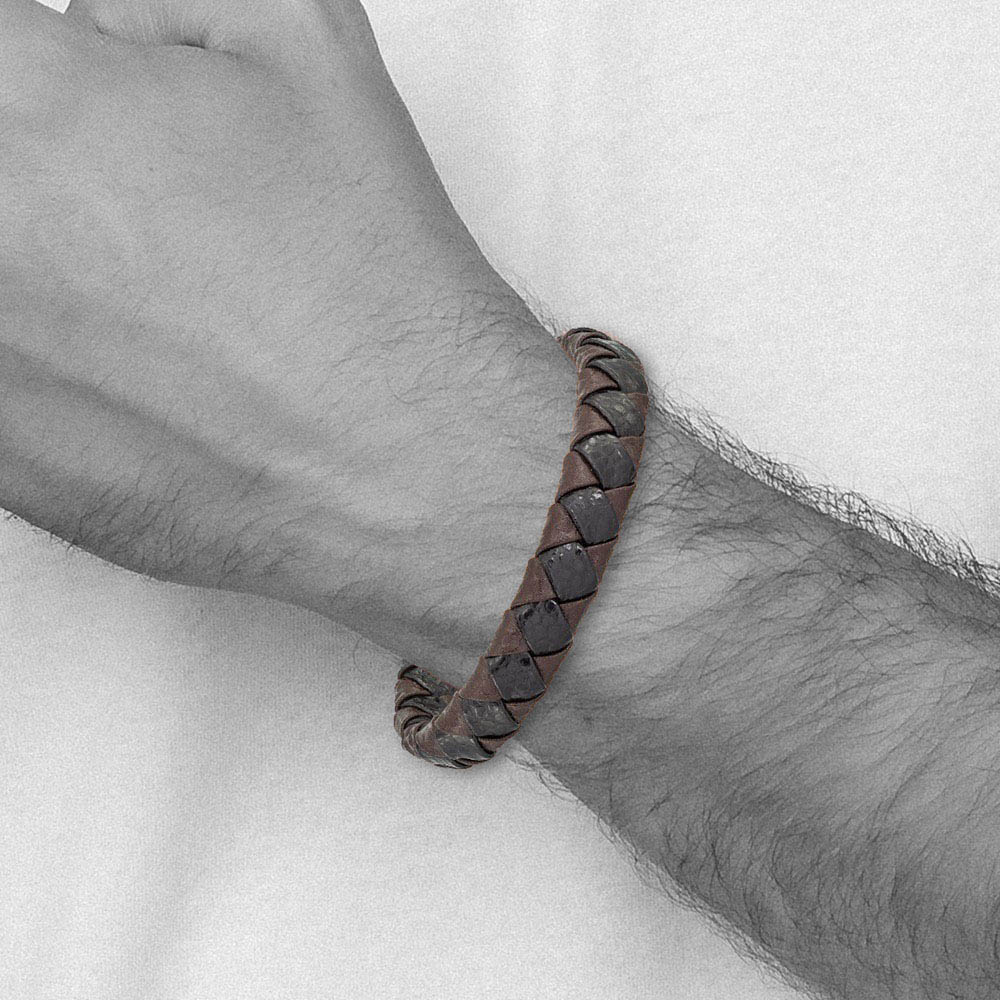Alternate view of the 11.5mm Stainless Steel Textured Black & Brown Leather Bracelet, 8 Inch by The Black Bow Jewelry Co.