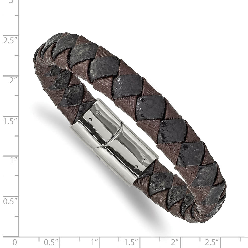 Alternate view of the 11.5mm Stainless Steel Textured Black & Brown Leather Bracelet, 8 Inch by The Black Bow Jewelry Co.