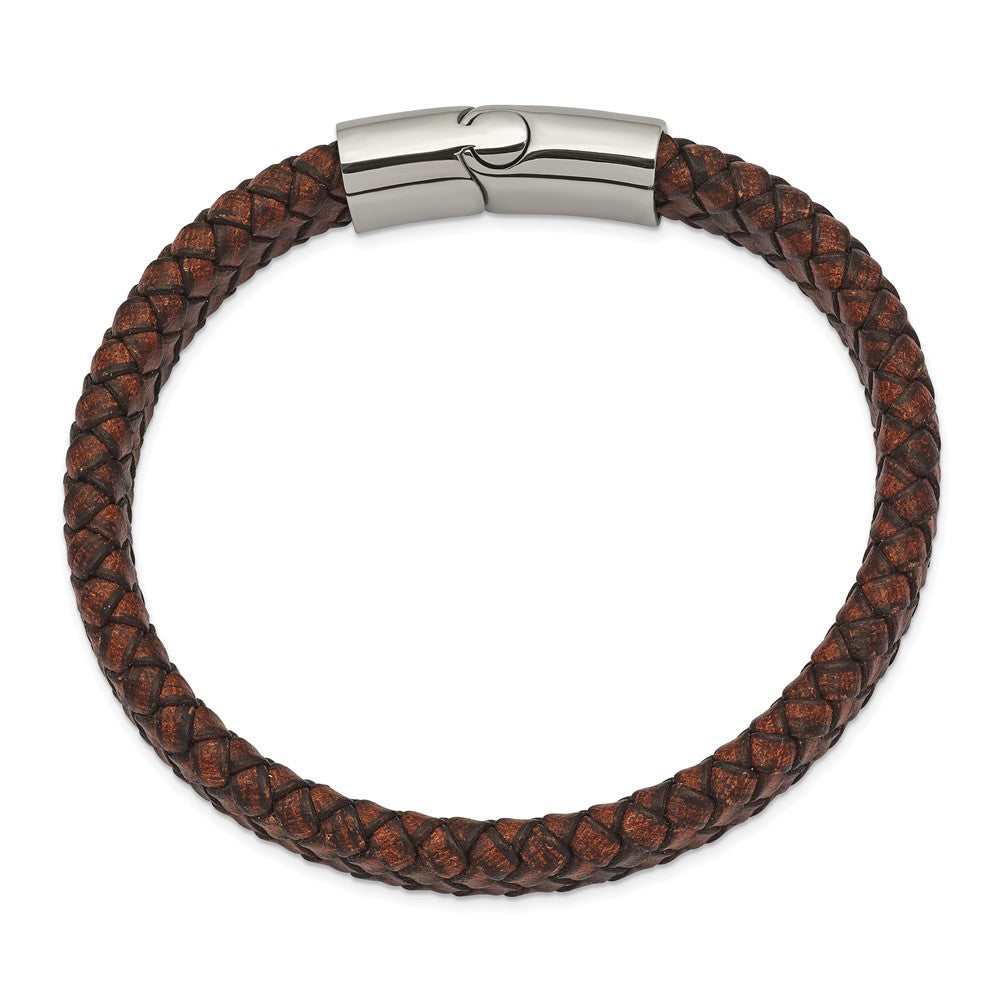 Alternate view of the 11.5mm Stainless Steel Distressed Brown Leather Bracelet, 8.5 Inch by The Black Bow Jewelry Co.