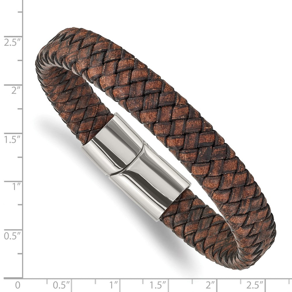 Alternate view of the 11.5mm Stainless Steel Distressed Brown Leather Bracelet, 8.5 Inch by The Black Bow Jewelry Co.