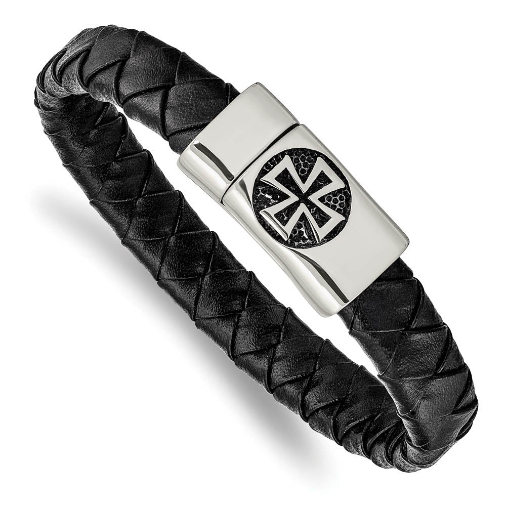 Stainless Steel Black Leather Braided Maltese Cross Bracelet, 8.5 Inch, Item B18936 by The Black Bow Jewelry Co.