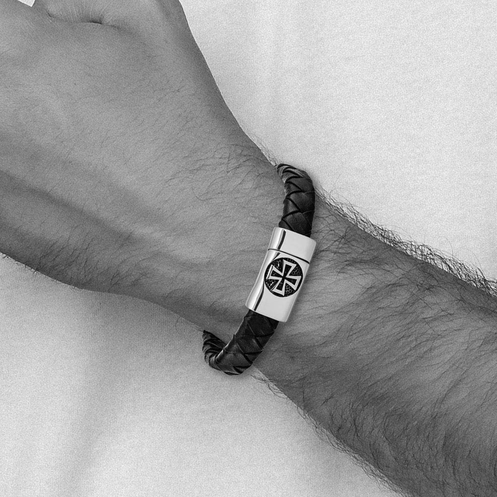 Alternate view of the Stainless Steel Black Leather Braided Maltese Cross Bracelet, 8.5 Inch by The Black Bow Jewelry Co.