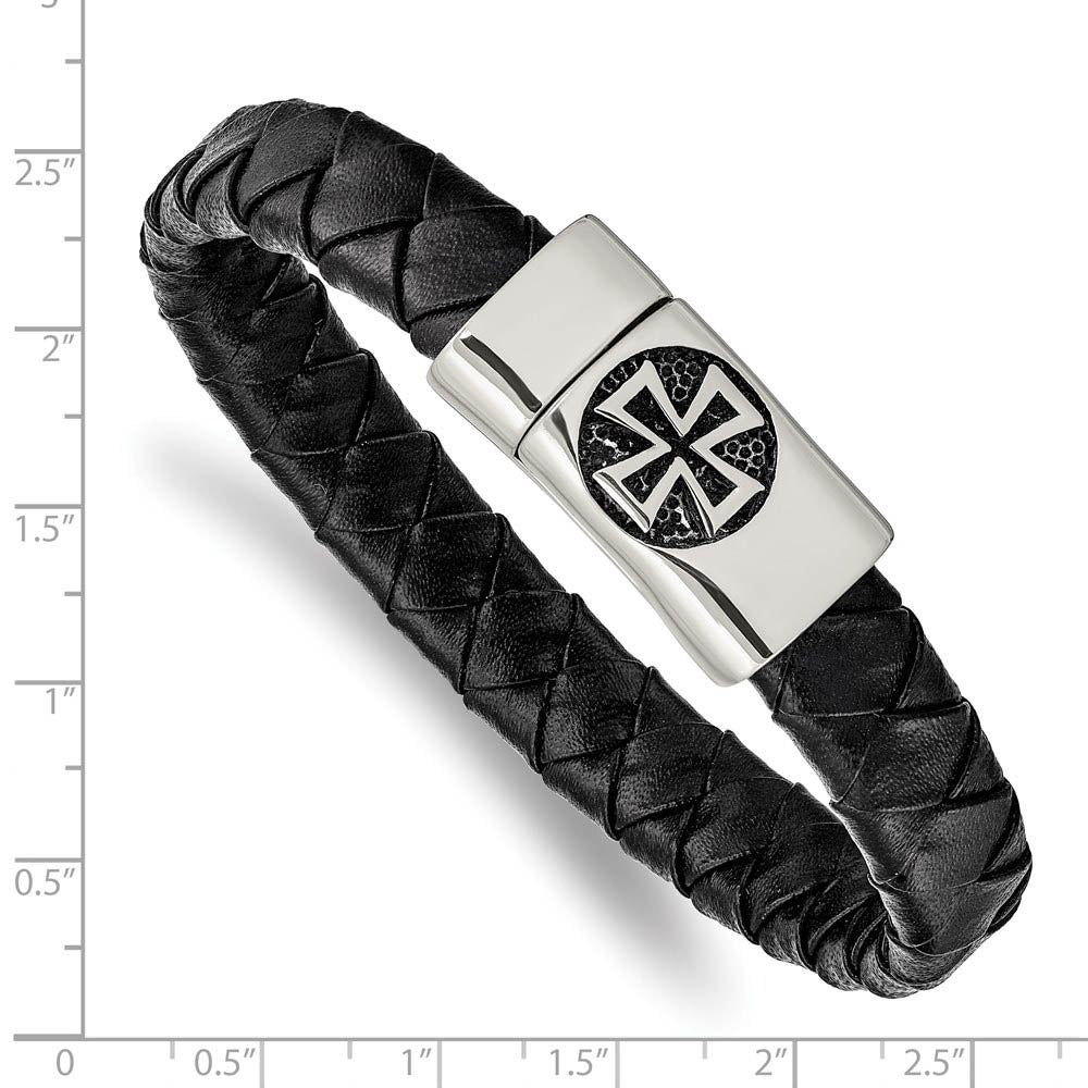 Alternate view of the Stainless Steel Black Leather Braided Maltese Cross Bracelet, 8.5 Inch by The Black Bow Jewelry Co.