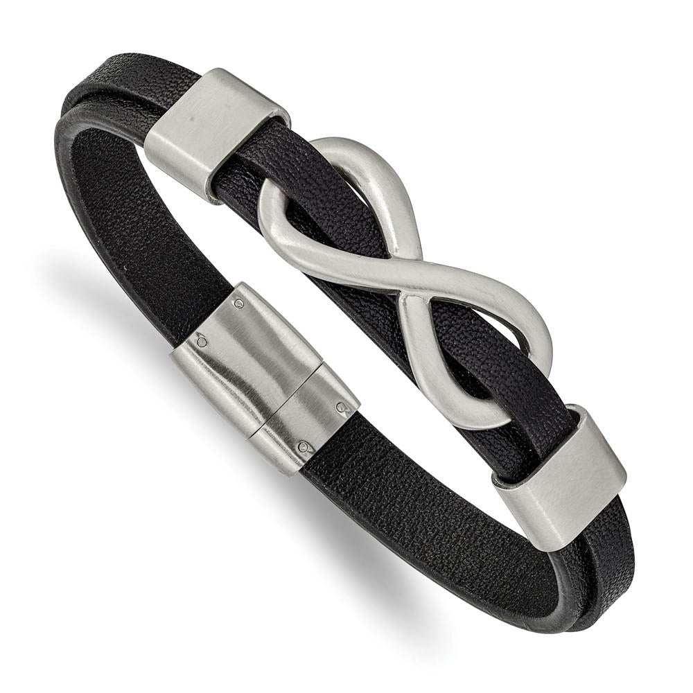 Mens Stainless Steel & Black Leather Brushed Infinity Bracelet, 8 Inch, Item B18937 by The Black Bow Jewelry Co.