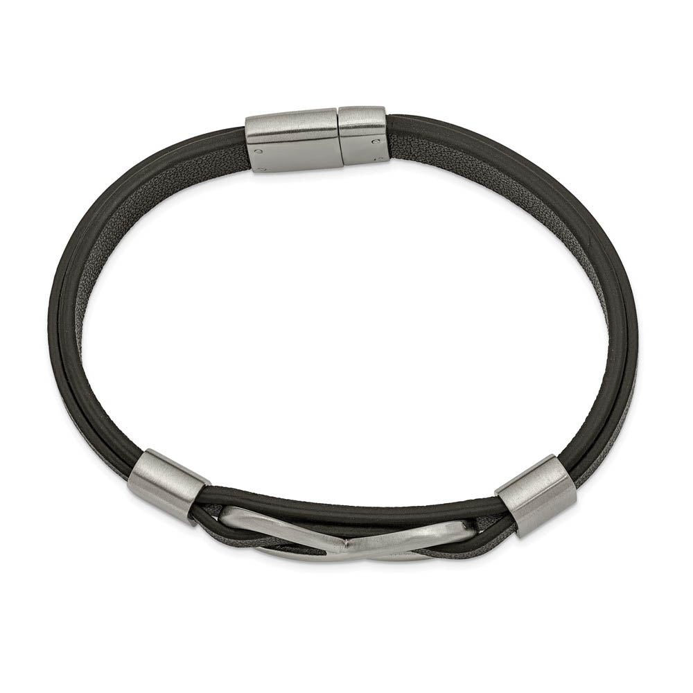 Alternate view of the Mens Stainless Steel & Black Leather Brushed Infinity Bracelet, 8 Inch by The Black Bow Jewelry Co.