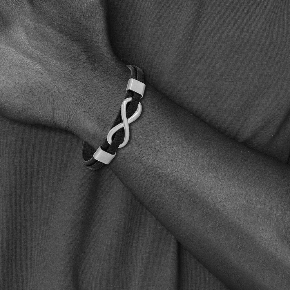 Alternate view of the Mens Stainless Steel & Black Leather Brushed Infinity Bracelet, 8 Inch by The Black Bow Jewelry Co.