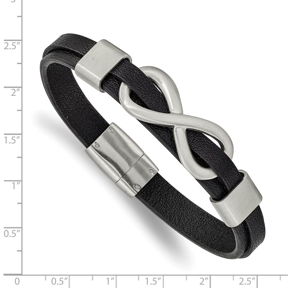 Alternate view of the Mens Stainless Steel & Black Leather Brushed Infinity Bracelet, 8 Inch by The Black Bow Jewelry Co.