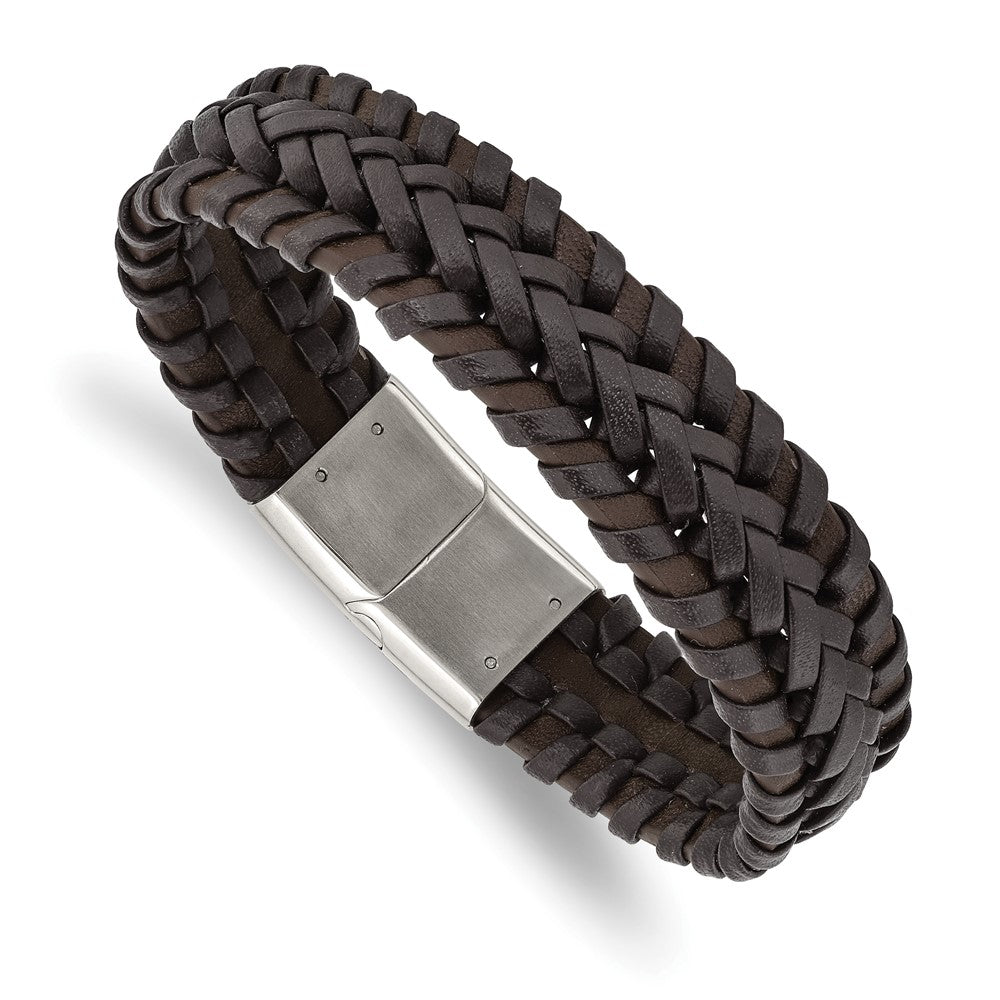 17.5mm Stainless Steel Two Tone Brown Leather Braided Bracelet, 8.5 In, Item B18939 by The Black Bow Jewelry Co.