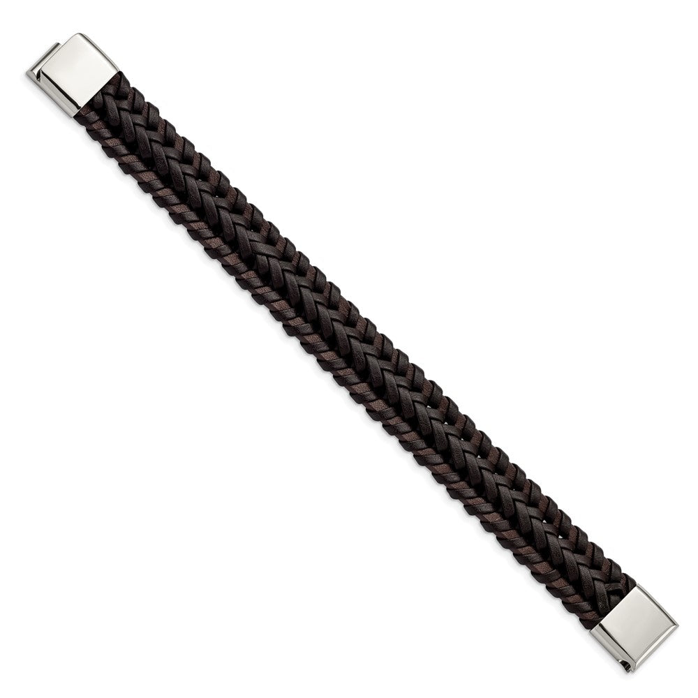 Alternate view of the 17.5mm Stainless Steel Two Tone Brown Leather Braided Bracelet, 8.5 In by The Black Bow Jewelry Co.