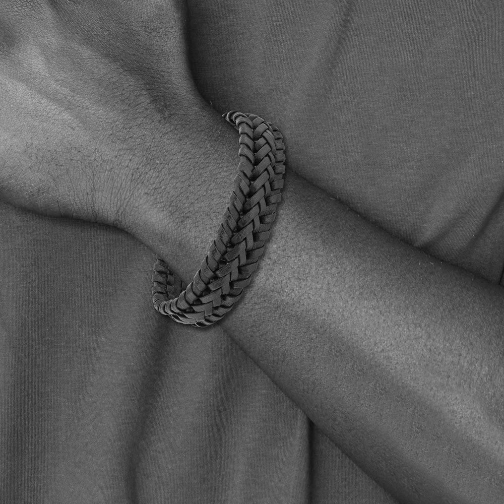 Alternate view of the 17.5mm Stainless Steel Two Tone Brown Leather Braided Bracelet, 8.5 In by The Black Bow Jewelry Co.