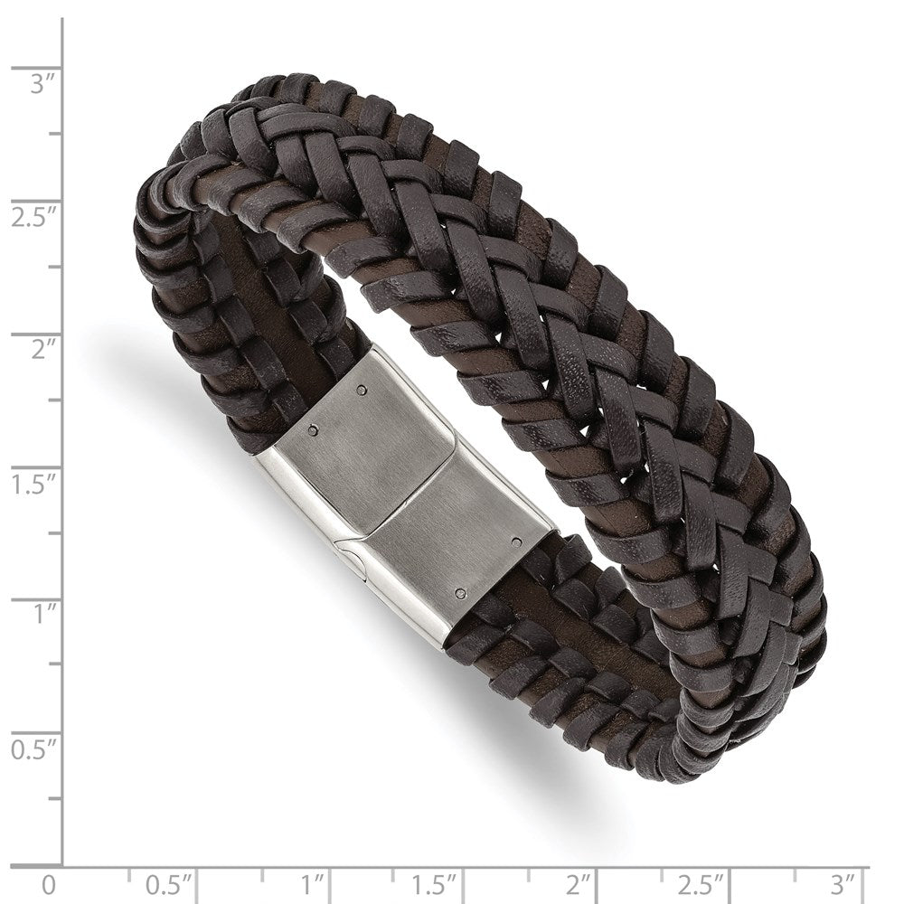 Alternate view of the 17.5mm Stainless Steel Two Tone Brown Leather Braided Bracelet, 8.5 In by The Black Bow Jewelry Co.