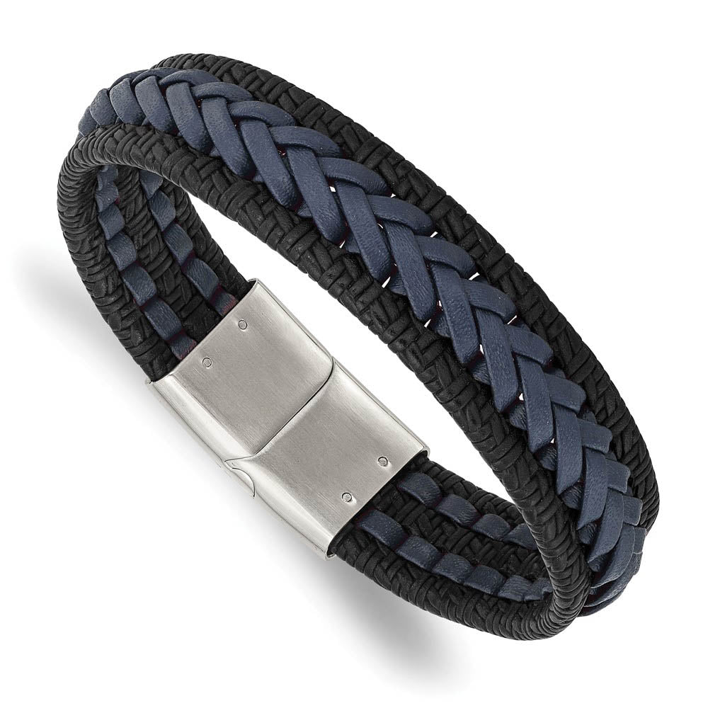 15mm Stainless Steel Black/Blue Braided Leather Bracelet, 8.25 Inch, Item B18940 by The Black Bow Jewelry Co.