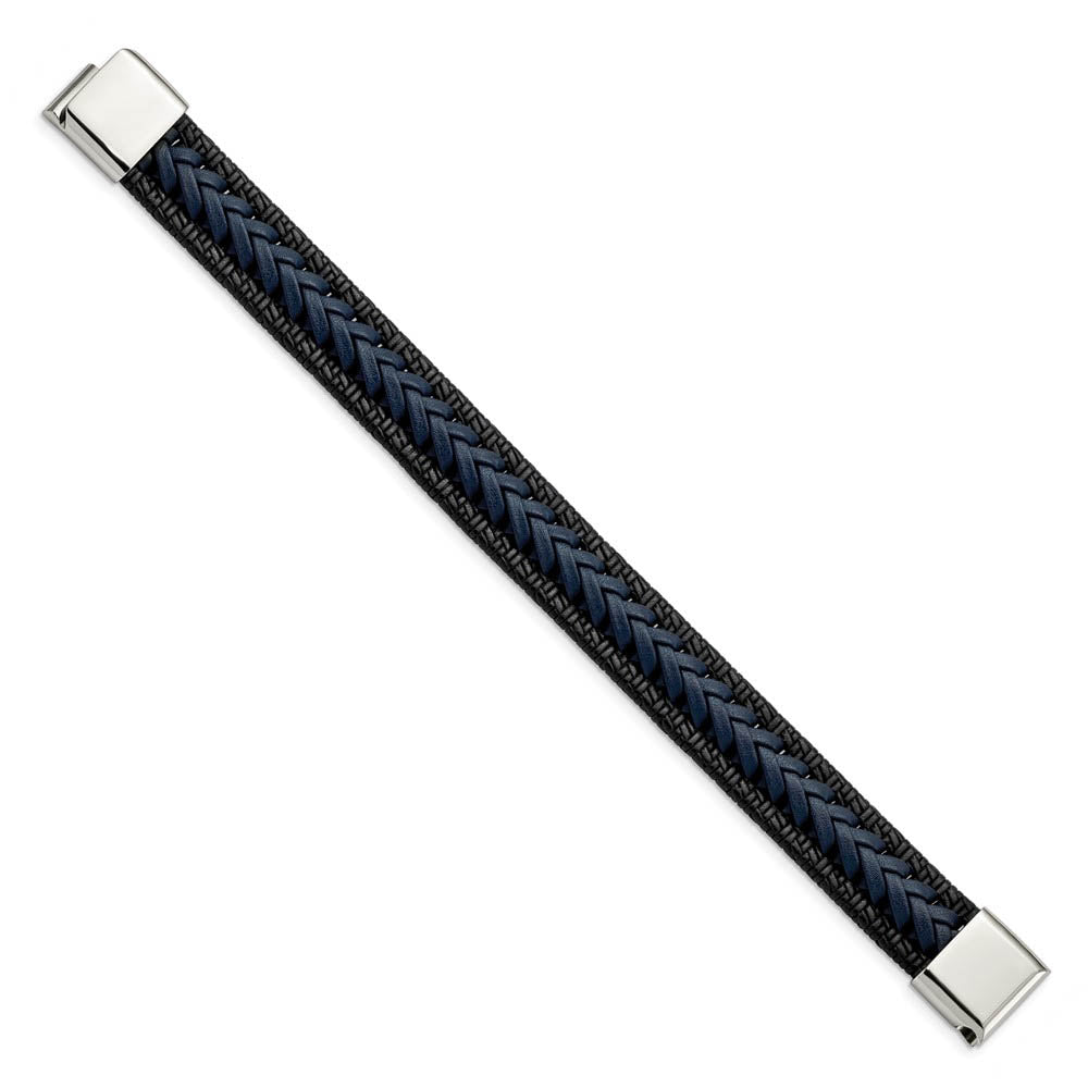 Alternate view of the 15mm Stainless Steel Black/Blue Braided Leather Bracelet, 8.25 Inch by The Black Bow Jewelry Co.