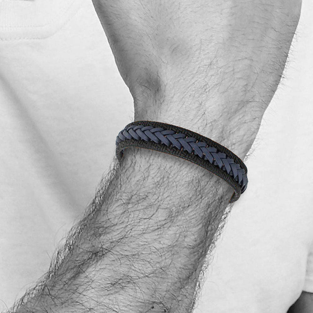 Alternate view of the 15mm Stainless Steel Black/Blue Braided Leather Bracelet, 8.25 Inch by The Black Bow Jewelry Co.