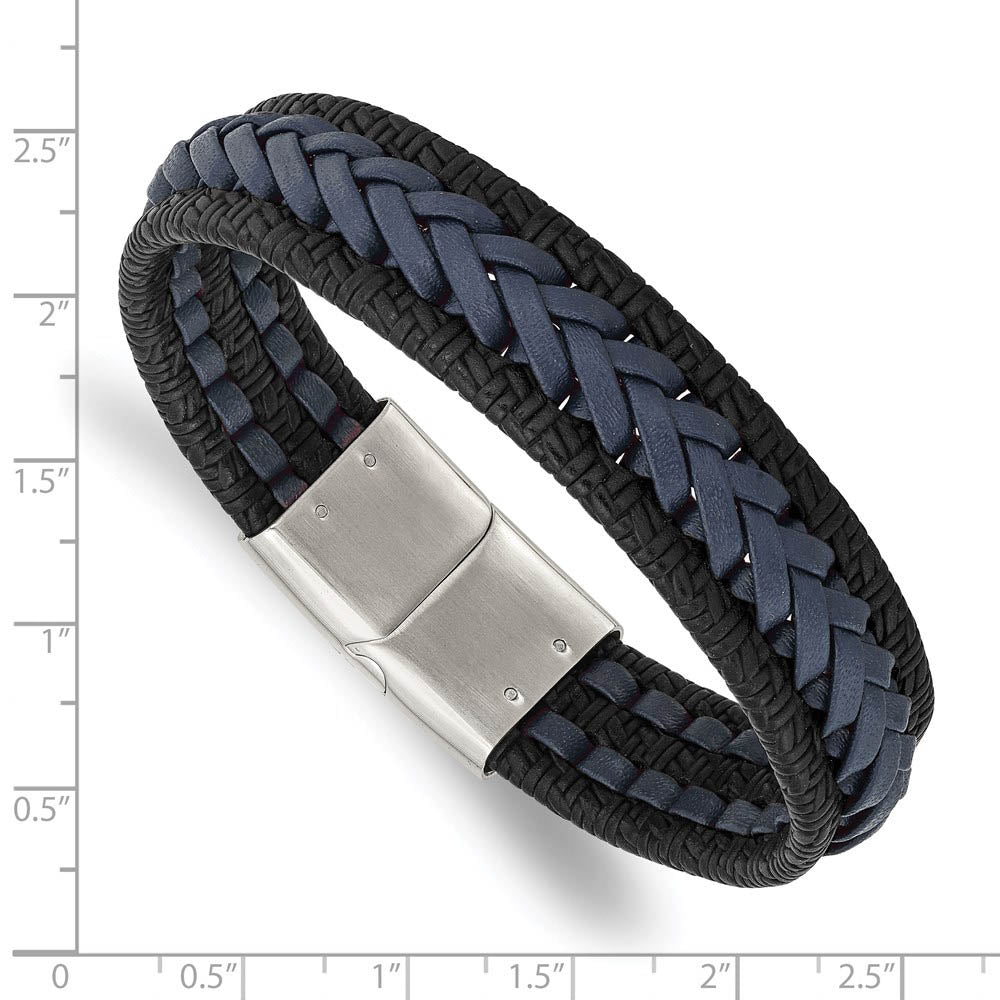Alternate view of the 15mm Stainless Steel Black/Blue Braided Leather Bracelet, 8.25 Inch by The Black Bow Jewelry Co.