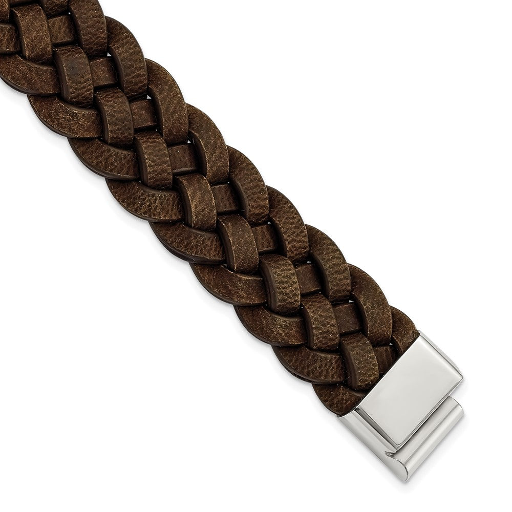 Men&#39;s 20mm Stainless Steel &amp; Brown Leather Woven Bracelet, 8.75 Inch, Item B18941 by The Black Bow Jewelry Co.