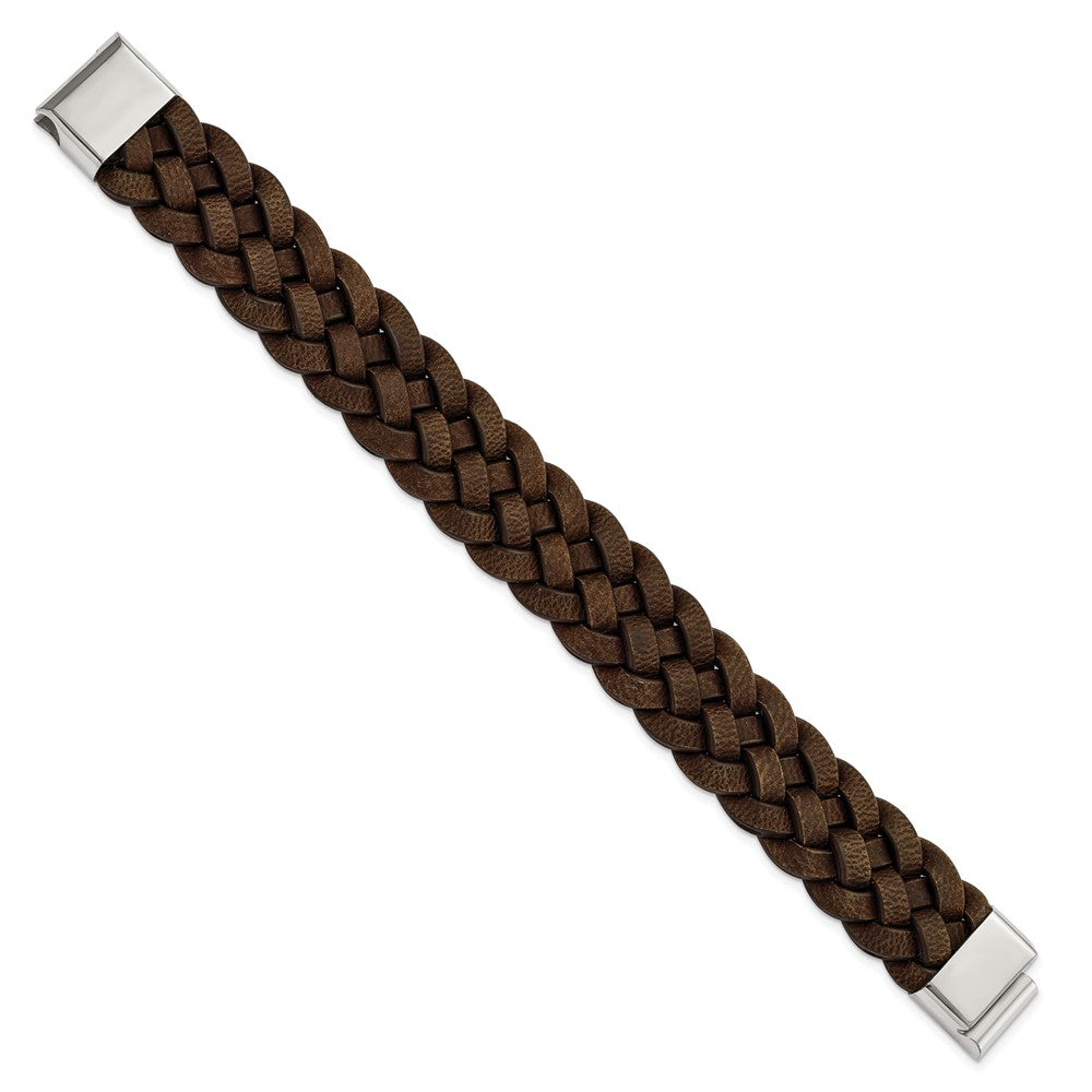 Alternate view of the Men&#39;s 20mm Stainless Steel &amp; Brown Leather Woven Bracelet, 8.75 Inch by The Black Bow Jewelry Co.