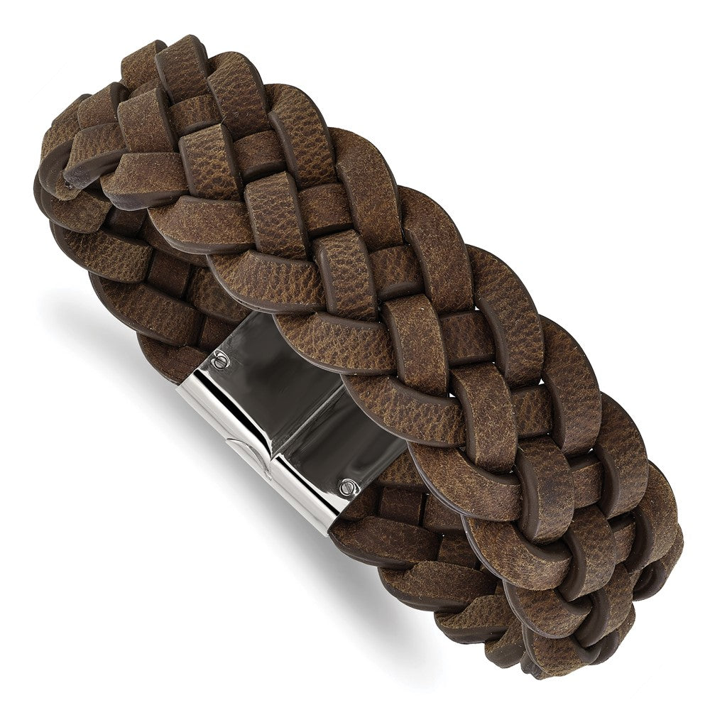 Alternate view of the Men&#39;s 20mm Stainless Steel &amp; Brown Leather Woven Bracelet, 8.75 Inch by The Black Bow Jewelry Co.