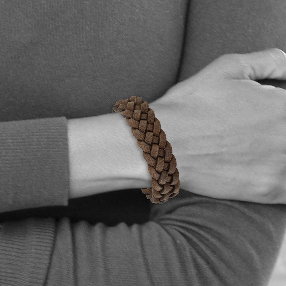 Alternate view of the Men&#39;s 20mm Stainless Steel &amp; Brown Leather Woven Bracelet, 8.75 Inch by The Black Bow Jewelry Co.