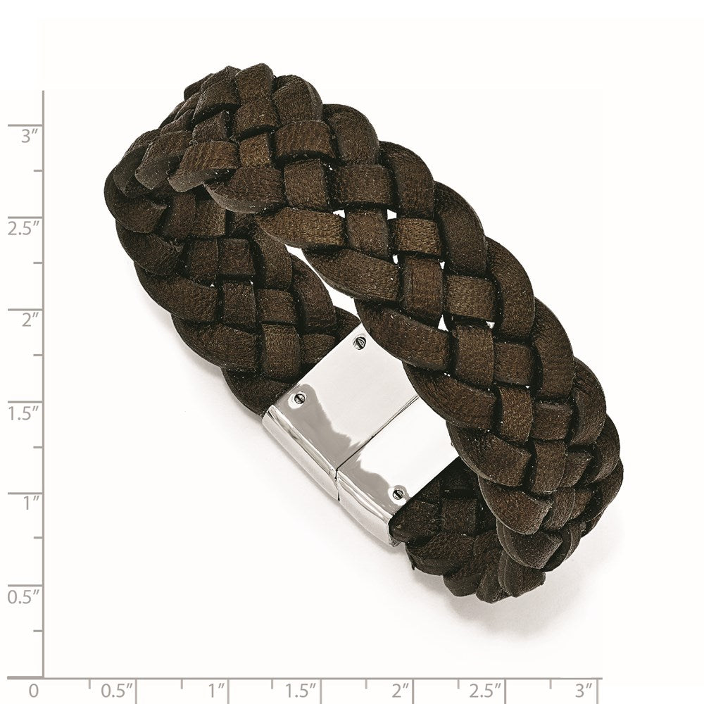 Alternate view of the Men&#39;s 20mm Stainless Steel &amp; Brown Leather Woven Bracelet, 8.75 Inch by The Black Bow Jewelry Co.