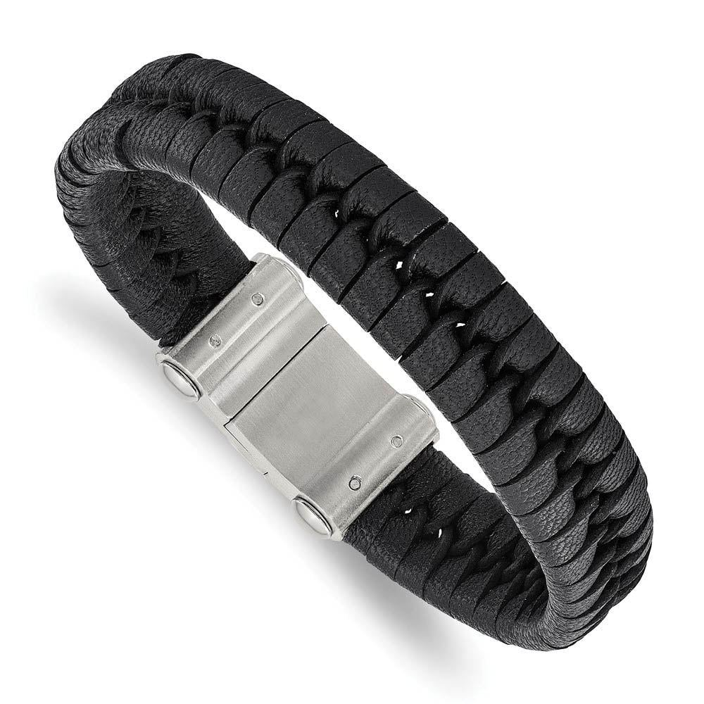 Men's 15mm Stainless Steel & Black Leather Woven Bracelet, 8.5 Inch, Item B18942 by The Black Bow Jewelry Co.