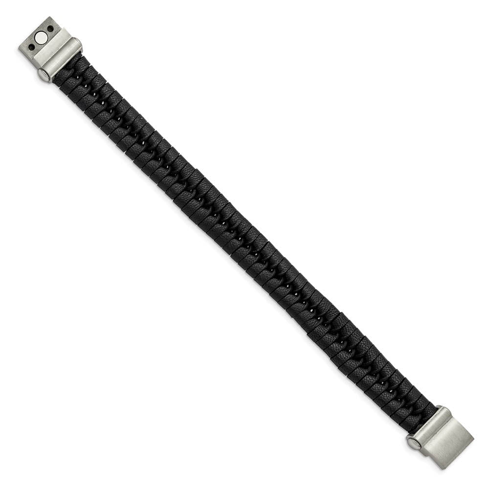 Alternate view of the Men's 15mm Stainless Steel & Black Leather Woven Bracelet, 8.5 Inch by The Black Bow Jewelry Co.