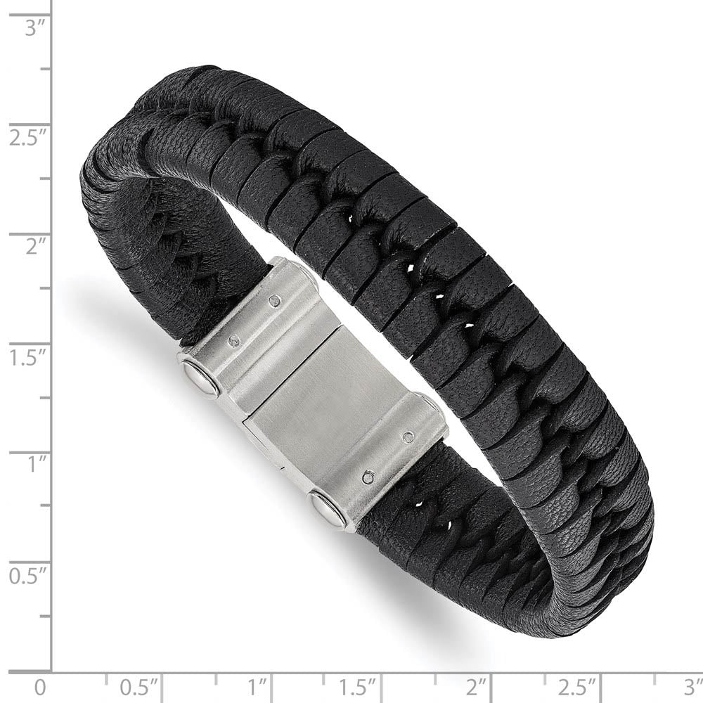 Alternate view of the Men's 15mm Stainless Steel & Black Leather Woven Bracelet, 8.5 Inch by The Black Bow Jewelry Co.