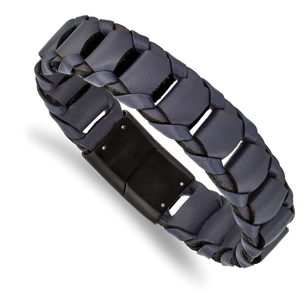 17mm Black Plated Stainless Steel &amp; Navy Blue Leather Bracelet, 8.5 In, Item B18943 by The Black Bow Jewelry Co.