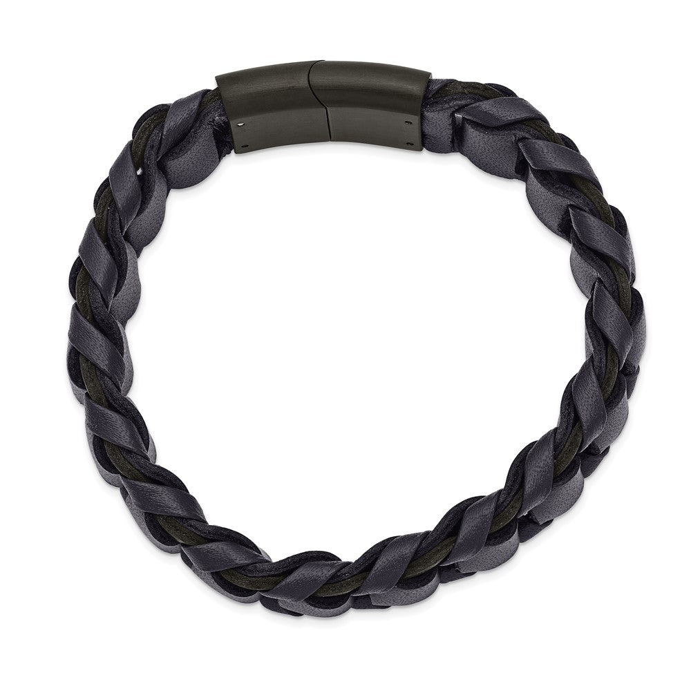 Alternate view of the 17mm Black Plated Stainless Steel &amp; Navy Blue Leather Bracelet, 8.5 In by The Black Bow Jewelry Co.