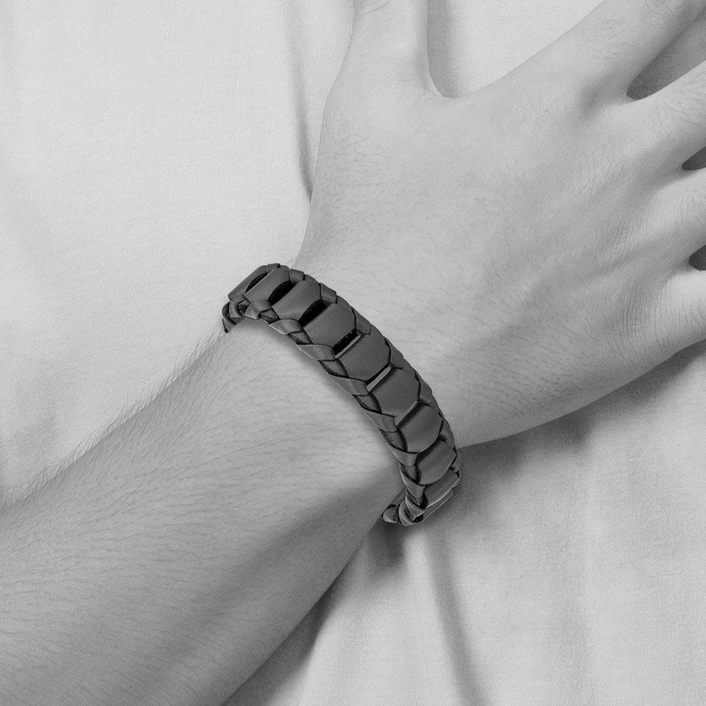 Alternate view of the 17mm Black Plated Stainless Steel &amp; Navy Blue Leather Bracelet, 8.5 In by The Black Bow Jewelry Co.