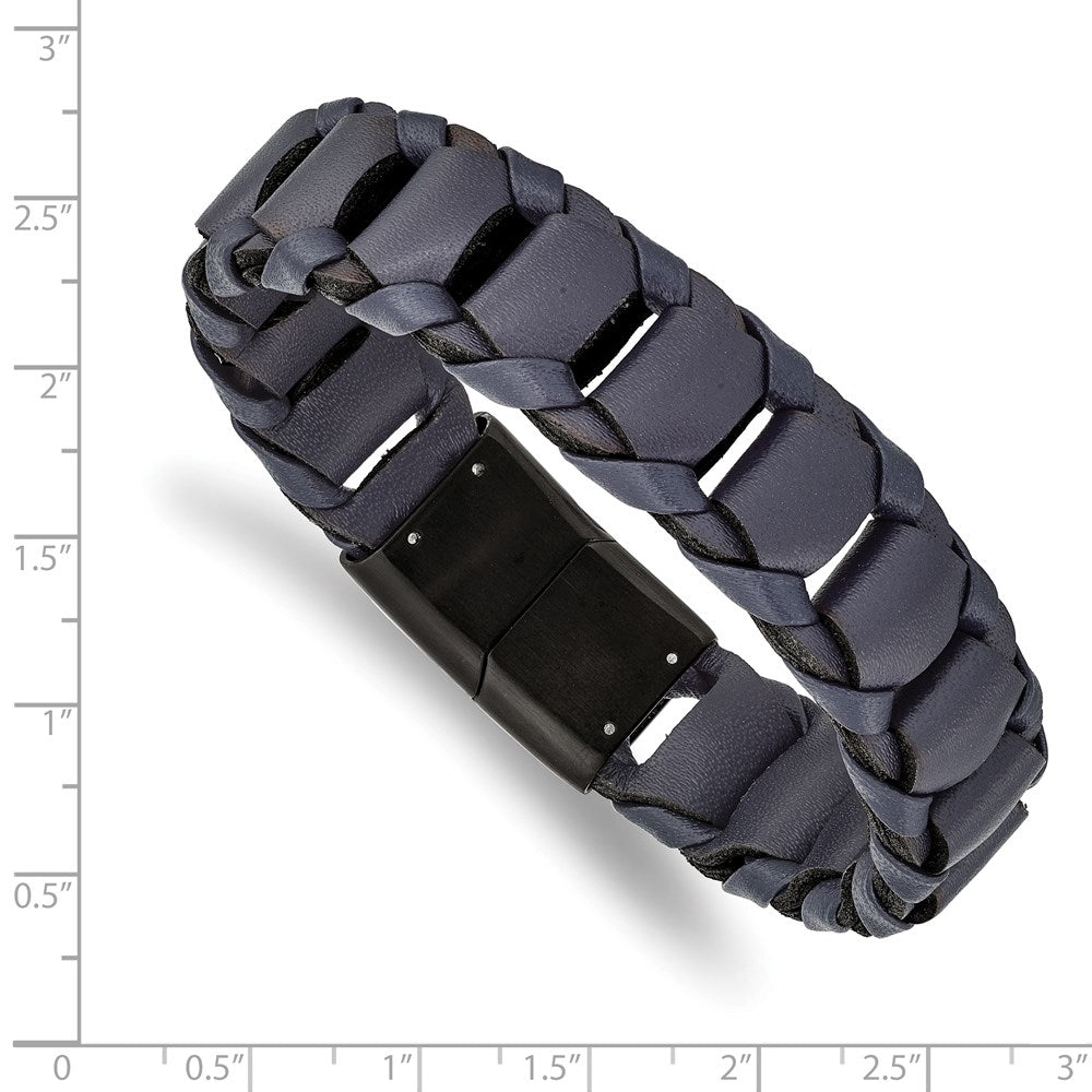 Alternate view of the 17mm Black Plated Stainless Steel &amp; Navy Blue Leather Bracelet, 8.5 In by The Black Bow Jewelry Co.