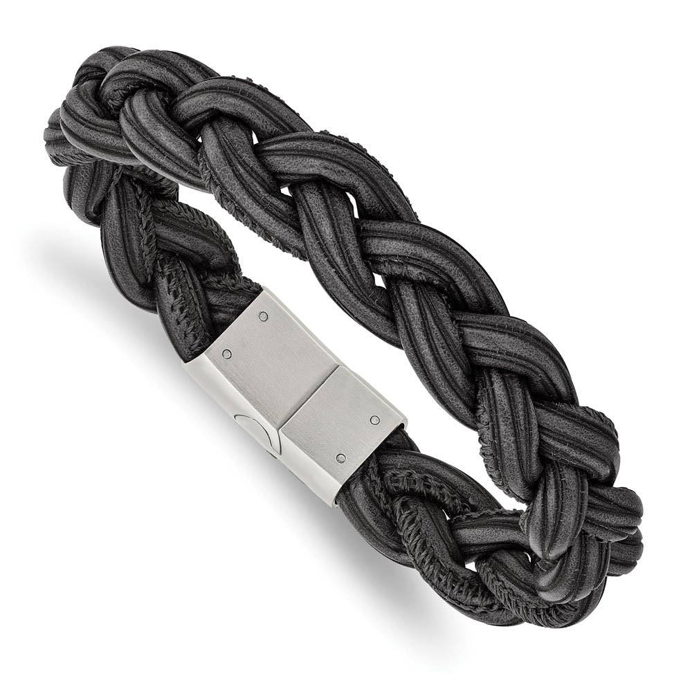 12mm Stainless Steel Black & Gray Braided Leather Bracelet, 8.25 Inch, Item B18944 by The Black Bow Jewelry Co.